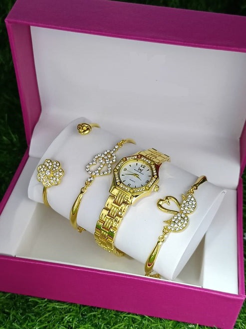 Bracelet Watch for Women – Elegant Gold-Plated Set with Crystal Accents